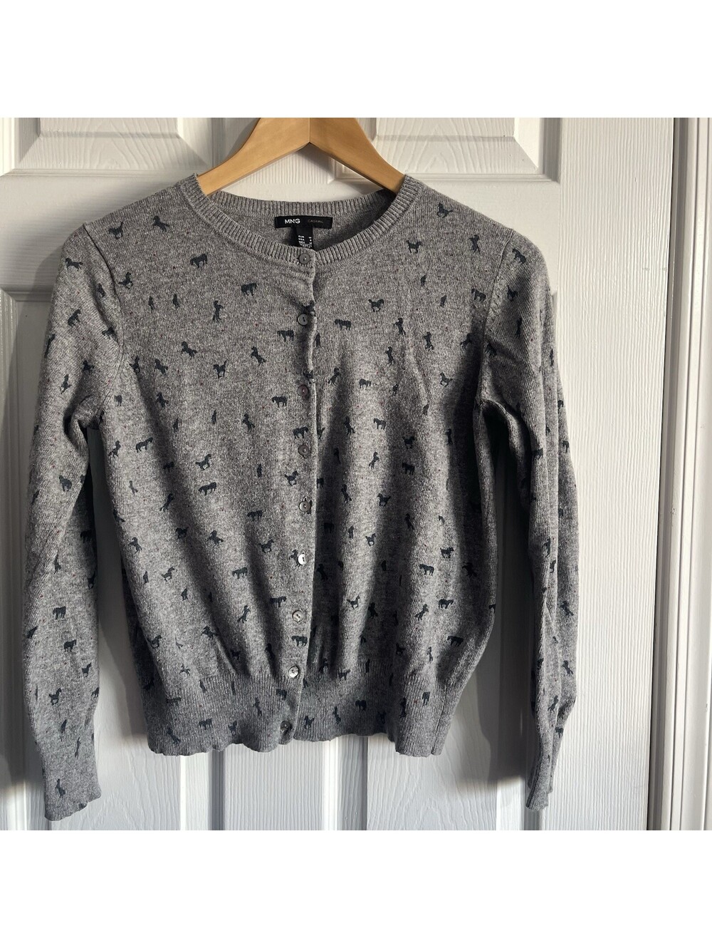 MNG Casual Sz S Mango Rare Equestrian Horse Print Grey Knit Cardigan Sweater